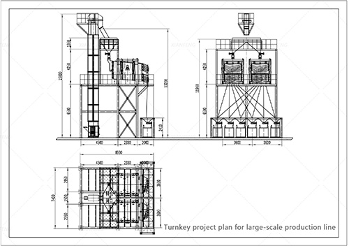 Production line drawing of two square rotary screens combined with silos and bucket elevators